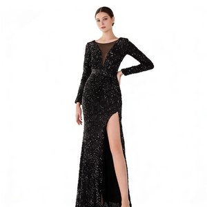 Abito Lungo Nero Vintage Sexy con Paillettes e Spacco a V Elegante Vestito <span class=keywords><strong>da</strong></span> Donna per Feste di Gala Abito <span class=keywords><strong>da</strong></span> Sera di Lusso a <span class=keywords><strong>Maniche</strong></span> <span class=keywords><strong>Lunghe</strong></span> - Product Image 1