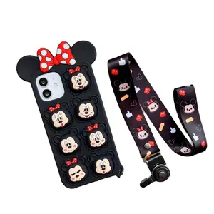 3D Cartoon Silicone Rubber Case For iPhone 12/13 pro Protective Cute Minnie Bear Phone Cover With Strap For iPhone 14 15 Pro Max