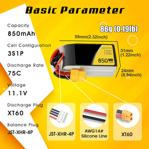 Batterie LiPo 850mAh 11.1V 75C 3S avec prise XT60 pour multirotor FPV 150 180 taille Quadcopter - Product Image 2