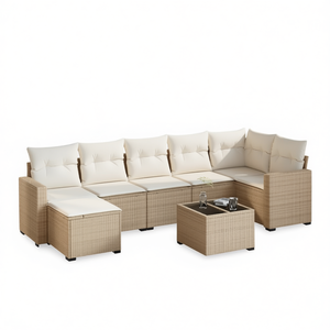 Ensemble de canapés en rotin d'extérieur avec pieds réglables, beige, mobilier de jardin et de terrasse, design contemporain, coussins en mousse haute densité - Product Image 1