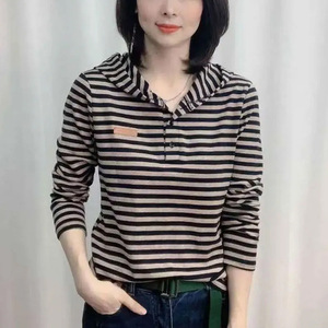 <b>Striped</b> Hooded Long Sleeve T-Shirt Women Knitted Slim Fit Spring Autumn Casual <b>Top</b> - Product Image 1