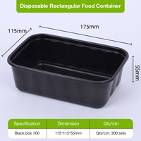 Boîte alimentaire rectangulaire noire en PP, jetable, pour plats à emporter, avec couvercle ventilé, compatible micro-ondes