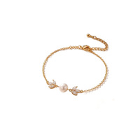 Bracelet manchette en laiton plaqué or 14 carats avec zircon et perle, style européen-américain chic et décontracté, cadeau tendance pour femme, accessoire de plage