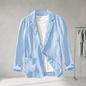 Blazer en coton et lin pour homme, couleur unie, décontracté, manches longues, double boutonnage, col en V, veste de costume tricotée respirante, vente en gros - Product Image 4