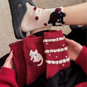 Calcetines de Mujer hasta la Pantorrilla, Tejidos en Lana, Cálidos y Gruesos, con Diseño de Gato de Dibujos Animados, Año Nuevo Chino, Año del Caballo, Tendencia en Instagram - Product Image 3