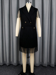 Abito blazer <span class=keywords><strong>nero</strong></span> da donna taglie forti con frange, doppio petto, modellante, elegante, aderente - Product Image 4