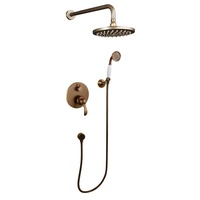 Ensemble de douche encastré 3 voies en laiton antique avec pommeau de pluie rond, bras courbé, robinet encastré rond et douchette vintage