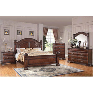 Ensemble de chambre à coucher en bois massif brun foncé traditionnel, lit queen-size sculpté de luxe, table de maquillage, tables de chevet, commode - Product Image 1