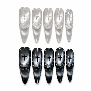 Faux ongles longs en acrylique, forme cercueil, effet œil de chat, couleur argent, brillants, avec strass et motif croix, pour doigts - Product Image 2