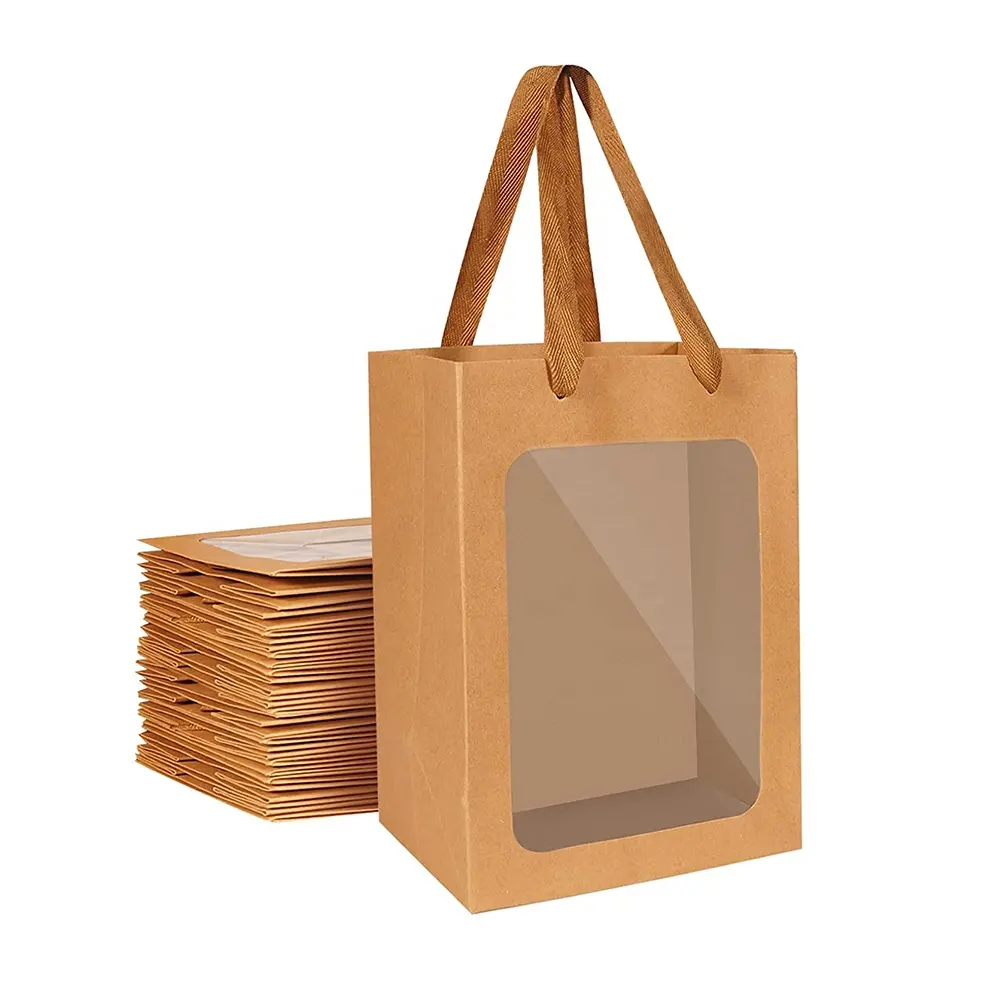 Paper packaging bag Manufacturer Hot Sale custom size Wedding Christmas Wine Party Brown Kraft Paper window gift bags