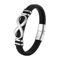 Bracelets à breloques Infinity pour hommes en gros, plaqués argent, avec fermoir magnétique, bracelet tressé en acier inoxydable noir
