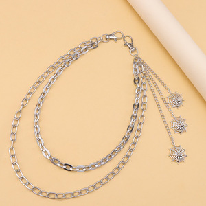 โซ่คล้องกางเกงแบบสองชั้น ลายใยแมงมุม จี้เงินทิเบต โซ่คาดเอวสำหรับทุกเพศ สไตล์ฮิปฮอป เครื่องประดับลำลอง - Product Image 2