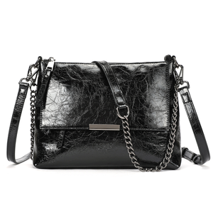 Sac fourre-tout en cuir véritable noir avec chaîne, bandoulière, sac à main, portefeuille à rabat pour usage quotidien - Product Image 1
