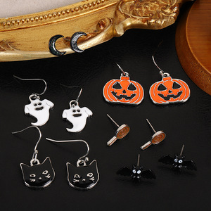 Ensemble de boucles d'oreilles Halloween en alliage, clous d'oreilles citrouille, fantôme, chauve-souris, chat, bijoux de fête pour femme, été 2024 - Product Image 2