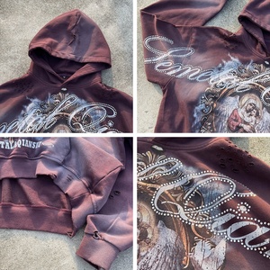 เสื้อฮู้ดดี้โอเวอร์ไซส์ผ้าฝ้ายแท้ 100% แบบครอป สไตล์สตรีทแวร์ ลายกราฟิก ล้างสีแบบแอซิดวอช แต่งคริสตัล สำหรับฤดูหนาว - Product Image 3