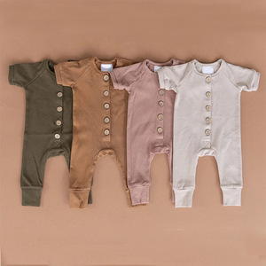 Romper bayi kasual, Jumpsuit lengan pendek penutupan kancing katun organik untuk perdagangan asing musim semi musim panas - Product Image 1