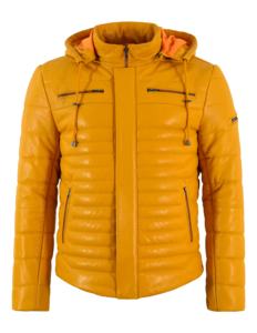 Custom 100% Genuine <b>Yellow</b> <b>Puffer</b> Nappa Hooded Leather Men’s <b>Jacket</b> Warm Lining Private Label OEM Premium Winter Outerwear - Product Image 1