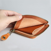 Vintage Fait Main En Cuir Véritable Simple Cartes Organiser Portefeuille Petite Pochette À Fermeture Éclair Sac À Main