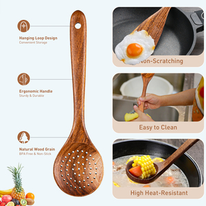 Juego de 6 Utensilios de Cocina de Madera de Teca Natural, Resistentes al Calor, Antiadherentes y Antiarañazos, con Orificio para Colgar - Product Image 3