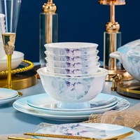 Service de table en porcelaine élégant bleu dégradé à motifs floraux, motif pivoine peint à la main, bord doux, bols et assiettes en céramique de luxe pour