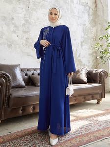 Abaya bleu roi ornée de strass, manches bouffantes, taille à nouer, robe longue modeste, coupe ample, vêtement islamique élégant pour Ramadan et Aïd - Product Image 3