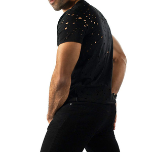 Camiseta desgastada para hombre, estilo casual, con agujeros rotos, lavado ácido, transpirable, de algodón - Product Image 3