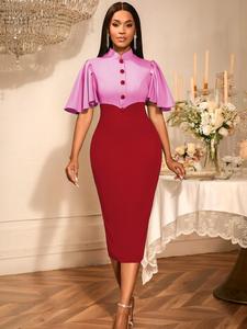 Vestido Midi Formal Elegante para Mujer, Talla Grande, con Cuello Alto, Mangas con Volantes y Bloques de Color en Azul Cielo - Product Image 4