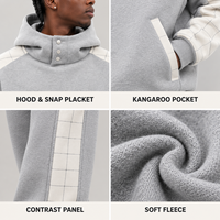 Ensemble de survêtement personnalisé pour homme avec sweat à capuche semi-boutonné, empiècements à motifs quadrillés, en molleton de coton, color block, 2 pièces, pour un style streetwear minimaliste