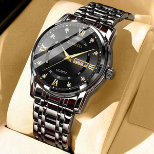 Business Mens Wristwatch Roman Numeral Dial Double Calendar Gold Metal Strap - Product Image 4