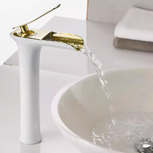 Robinet de lavabo cascade en laiton, monotrou, mitigeur chaud/froid, ergonomique, blanc doré, double hauteur, pour lavabo de salle de bain à domicile ou à l'hôtel - Product Image 2