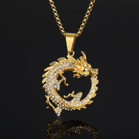 Pendentif Dragon en Acier Inoxydable 316L Or avec Cristaux CZ Pavés, Collier Chaîne Boîte Mythique Chinoise, Bijoux Homme Femme Personnalisé OEM