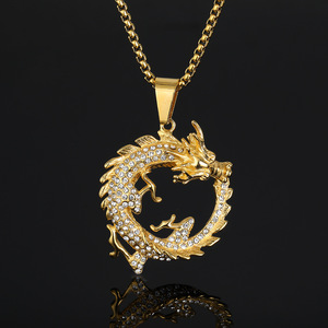 Pendentif Dragon en Acier Inoxydable 316L Or avec Cristaux CZ Pavés, Collier Chaîne Boîte Mythique Chinoise, Bijoux Homme Femme Personnalisé OEM - Product Image 4