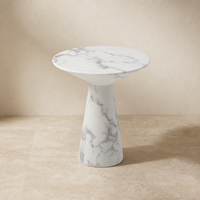 Nouvelle Arrivée 2026 - Table Basse Ronde en Marbre Artificiel Blanc Mat avec Base Conique Sculpturale, Personnalisable