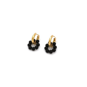 Angelina Double Loop <b>Hoop</b> <b>Earrings</b> <b>Gold</b> <b>Plated</b> Stainless Steel Black Beads Unisex Trendy Jewelry - Product Image 1
