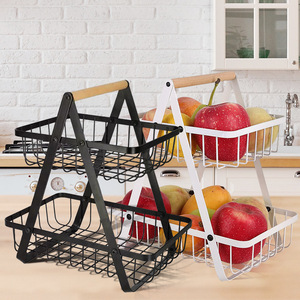 Metal Double Layer Fruit <b>Basket</b> With Wooden Handle Durable Storage Rack For Kitchen Living Room Black And White - Product Image 1