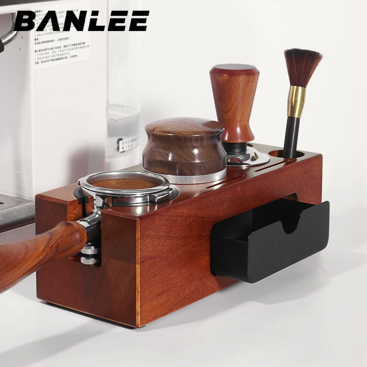 2024 New Type Wooden Coffee Tamper Station Coffee Distributor Portafilter Tamper Holder With Magnetic Design Drawer
