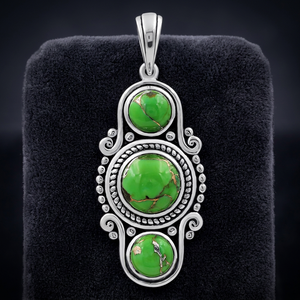 Pendentif Bohème GOURIK en Argent Sterling 925 avec Trois Pierres Cabochon Vertes Mojave Turquoise pour Femme – Cadeau Idéal - Product Image 2