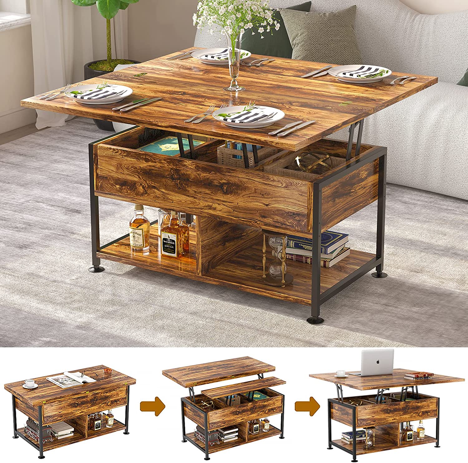 Multi-Function Convertible Coffee Table with Drawers and Hidden Compartment Dining Table for Living Room Home Office