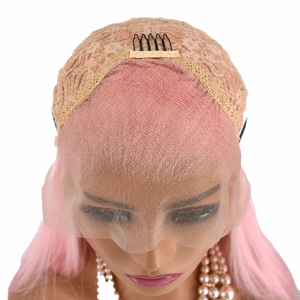 Perruque Lace Front Nouée à la Main Rose <span class=keywords><strong>Cheveux</strong></span> Longs Lisses Résistants à la Chaleur Fibre Synthétique Mate pour Femmes Vente en Gros Usine - Product Image 3