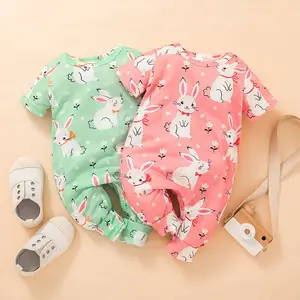 Combinaison en coton pour nouveau-né, vêtements de pâques pour enfants, body filles, imprimé lapin, boutons, manches courtes, barboteuse pour bébé, nouvelle collection été