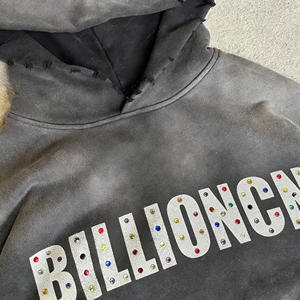 Streetwear unisexe 100% coton personnalisé coupe régulière lavage à l'acide en détresse sweat à capuche d'été délavé au soleil Vintage impression 3D détail strass - Product Image 2