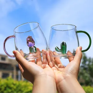 높은 붕규산 유리 물 컵 컬러 핸들 3 차원 귀여운 동물 꽃 만화 머그잔 컵