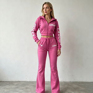 Ensemble survêtement Y2K décontracté pour femme : sweat à capuche court zippé et pantalon évasé imprimé lettres, tenue de sport deux pièces - Product Image 2