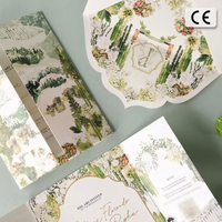 Carte d'invitation de mariage tri-pliée en papier coton texturé aquarelle vert crème de luxe, bordure dorée, impression personnalisée