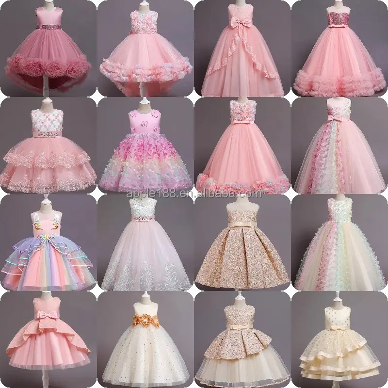 Western style tail skirt girls' wedding dress elegant round neck baby girl dress children's bead dress