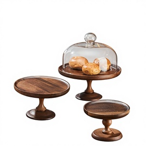 Assiette <span class=keywords><strong>à</strong></span> dessert ronde en bois d'acacia sur pieds hauts avec couvercle en verre, origine Chine, pour gâteau, <span class=keywords><strong>pain</strong></span>, fruits, en-cas - Product Image 1
