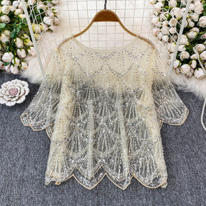 Boutique vente en gros 2025 été nouveau Design à la mode clou perle paillettes maille ample femmes T-<span class=keywords><strong>shirt</strong></span> - Product Image 1