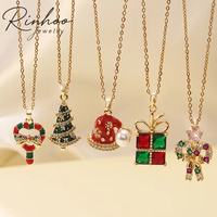 Collier Pendentif de Noël Plaqué Or 18K RINHOO pour Femme, avec Breloques Émail Sapin de Noël, Chapeau de Père Noël, Boîte Cadeau, Canne à Sucre et Nœud, Bijoux Chaîne