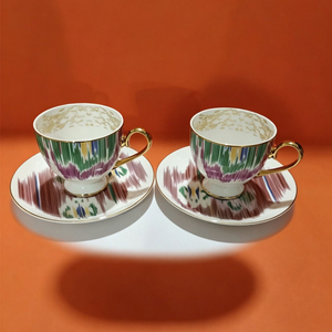 Fresh Eco-Friendly Abstract Colorful Stripe Print Bone China Coffee Cup with Gold Handle and Matching Saucer - Product Image 5