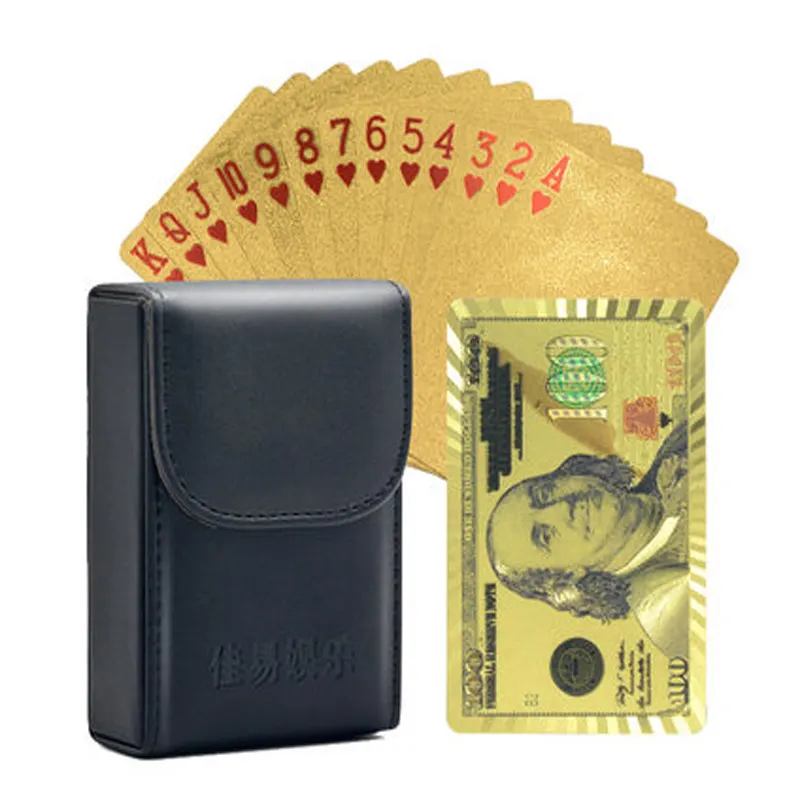 Oyun kartı s sihirli oyun kartı plastik Casino Poker kart altın Pu deri kutusu ile su geçirmez yüksek kalite 24K altın JIAYI JY-PC